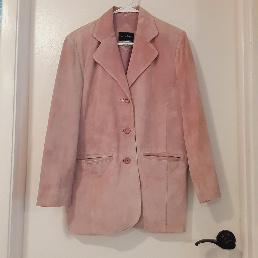 Terry Lewis Pink Suede Blazer Jacket Size Small Two Pockets Pink Buttons women's